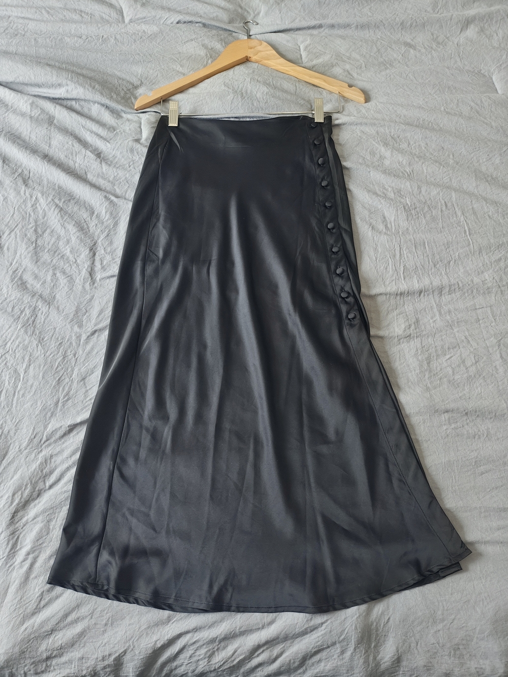 Forever 21 Black Satin A-Line Midi Skirt with Side Button Accents